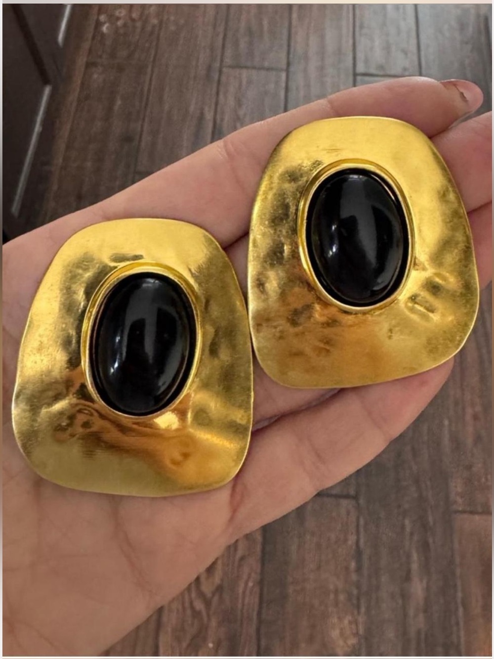 Vintage Gold Earrings with Black Cabochon Centers